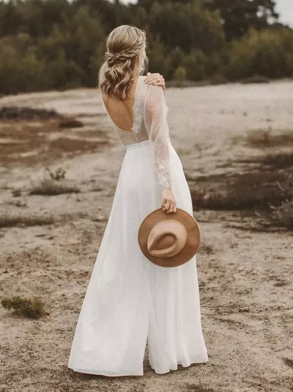 Bridal Jumpsuit Chiffon Ruffles Floor-Length Jumpsuit Designed Neckline Long Sleeves Natural Waist Ivory