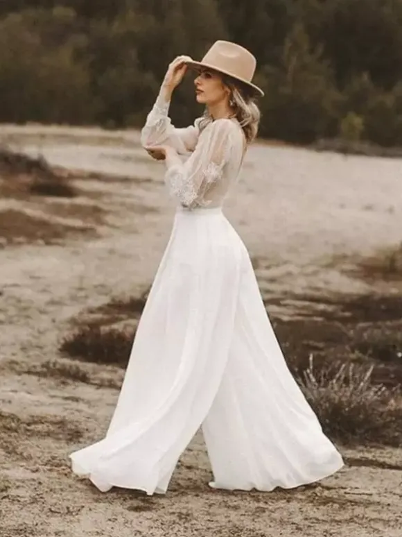 Bridal Jumpsuit Chiffon Ruffles Floor-Length Jumpsuit Designed Neckline Long Sleeves Natural Waist Ivory