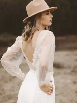 Bridal Jumpsuit Chiffon Ruffles Floor-Length Jumpsuit Designed Neckline Long Sleeves Natural Waist Ivory