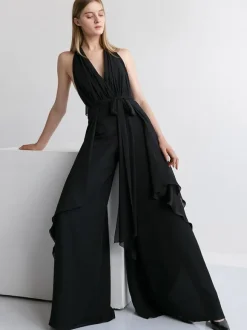 Bridal Jumpsuit Chiffon Sash Floor-Length Jumpsuit V-Neck Sleeveless Natural Waist Ivory