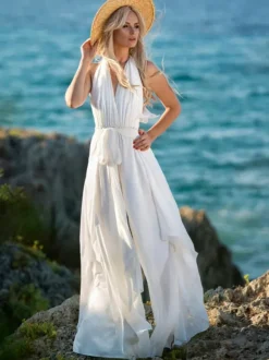 Bridal Jumpsuit Chiffon Sash Floor-Length Jumpsuit V-Neck Sleeveless Natural Waist Ivory