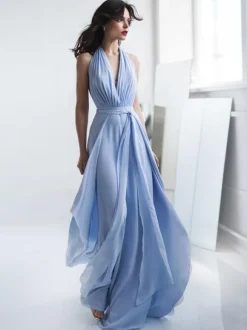 Bridal Jumpsuit Chiffon Sash Floor-Length Jumpsuit V-Neck Sleeveless Natural Waist Ivory