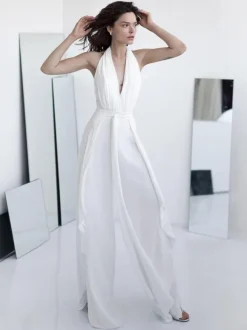 Bridal Jumpsuit Chiffon Sash Floor-Length Jumpsuit V-Neck Sleeveless Natural Waist Ivory