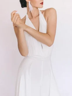 Bridal Jumpsuit Chiffon Sash Floor-Length Jumpsuit V-Neck Sleeveless Natural Waist Ivory