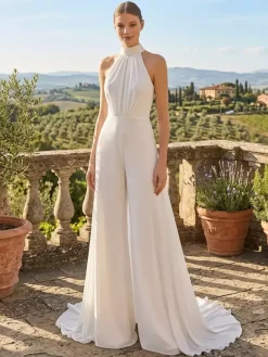 Bridal Jumpsuit Halter Neck 2-piece Wedding Dress Chiffon Pleated Floor-Length Jumpsuit Jewel Neck Sleeveless