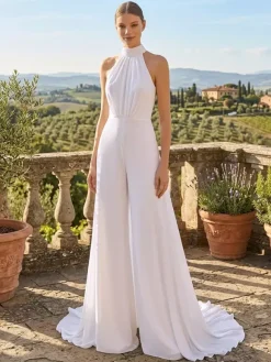 Bridal Jumpsuit Halter Neck 2-piece Wedding Dress Chiffon Pleated Floor-Length Jumpsuit Jewel Neck Sleeveless