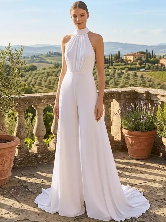 Bridal Jumpsuit Halter Neck 2-piece Wedding Dress Chiffon Pleated Floor-Length Jumpsuit Jewel Neck Sleeveless