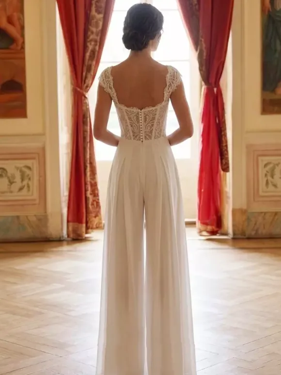Bridal Jumpsuit Lace Applique Floor-Length Jumpsuit Designed Neckline Short Sleeves Natural Waist Ivory