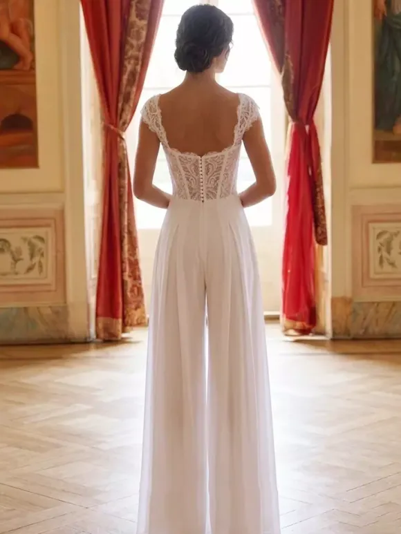 Bridal Jumpsuit Lace Applique Floor-Length Jumpsuit Designed Neckline Short Sleeves Natural Waist Ivory