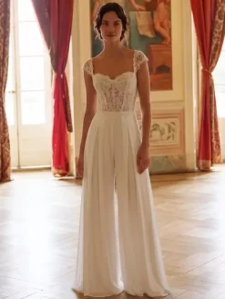 Bridal Jumpsuit Lace Applique Floor-Length Jumpsuit Designed Neckline Short Sleeves Natural Waist Ivory
