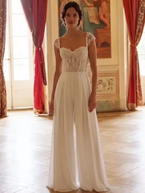 Bridal Jumpsuit Lace Applique Floor-Length Jumpsuit Designed Neckline Short Sleeves Natural Waist Ivory