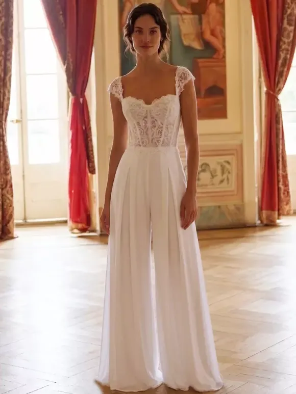 Bridal Jumpsuit Lace Applique Floor-Length Jumpsuit Designed Neckline Short Sleeves Natural Waist Ivory