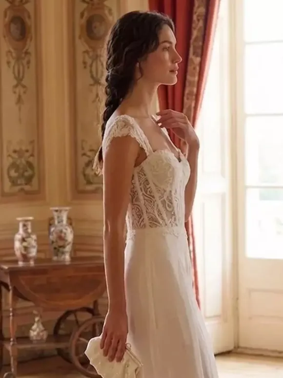 Bridal Jumpsuit Lace Applique Floor-Length Jumpsuit Designed Neckline Short Sleeves Natural Waist Ivory