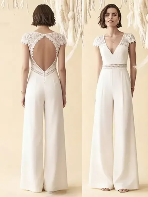 Bridal Jumpsuit Lace Cut Out Floor-Length Jumpsuit V-Neck Short Sleeves Natural Waist Ivory