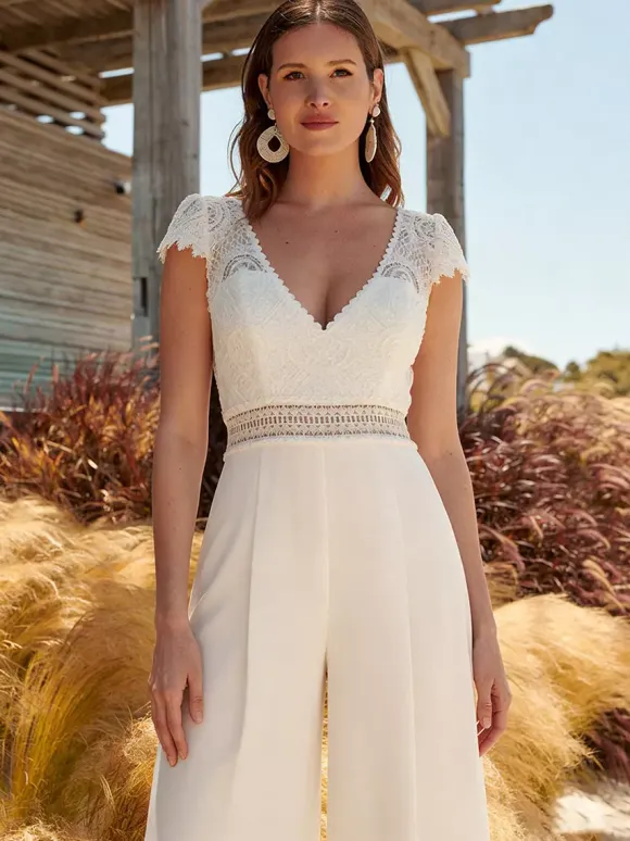 Bridal Jumpsuit Lace Cut Out Floor-Length Jumpsuit V-Neck Short Sleeves Natural Waist Ivory