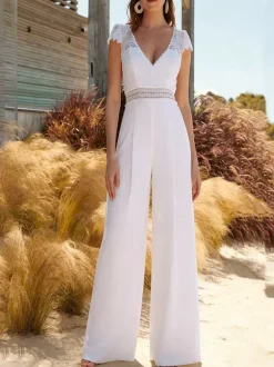Bridal Jumpsuit Lace Cut Out Floor-Length Jumpsuit V-Neck Short Sleeves Natural Waist Ivory