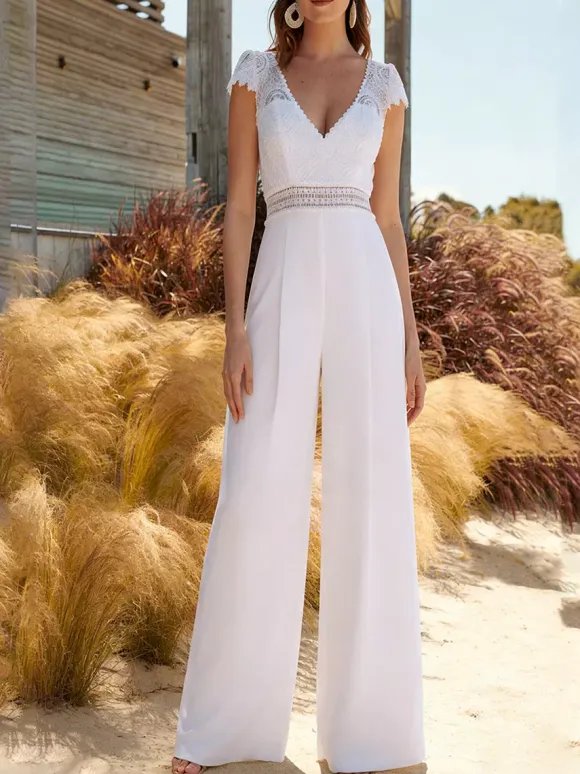 Bridal Jumpsuit Lace Cut Out Floor-Length Jumpsuit V-Neck Short Sleeves Natural Waist Ivory
