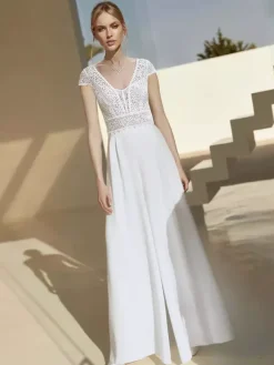 Bridal Jumpsuit Lace Floor-Length Jumpsuit V-Neck Short Sleeves Natural Waist Ivory