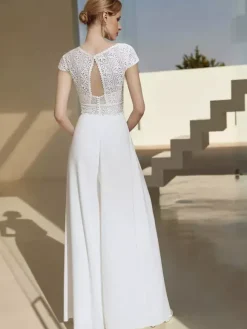 Bridal Jumpsuit Lace Floor-Length Jumpsuit V-Neck Short Sleeves Natural Waist Ivory