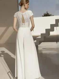 Bridal Jumpsuit Lace Floor-Length Jumpsuit V-Neck Short Sleeves Natural Waist Ivory
