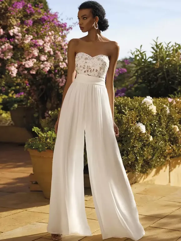 Bridal Jumpsuit Lace Floor-Length Strapless Sleeveless Natural Waist Ivory Jumpsuit