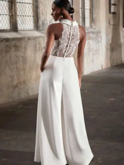 Bridal Jumpsuit Lace Lace Floor-Length Jumpsuit V-Neck Sleeveless Natural Waist Ivory
