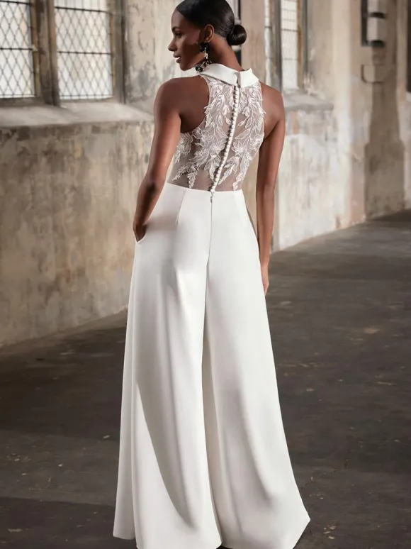 Bridal Jumpsuit Lace Lace Floor-Length Jumpsuit V-Neck Sleeveless Natural Waist Ivory