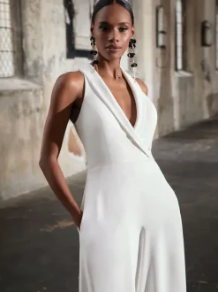 Bridal Jumpsuit Lace Lace Floor-Length Jumpsuit V-Neck Sleeveless Natural Waist Ivory