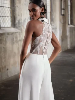 Bridal Jumpsuit Lace Lace Floor-Length Jumpsuit V-Neck Sleeveless Natural Waist Ivory