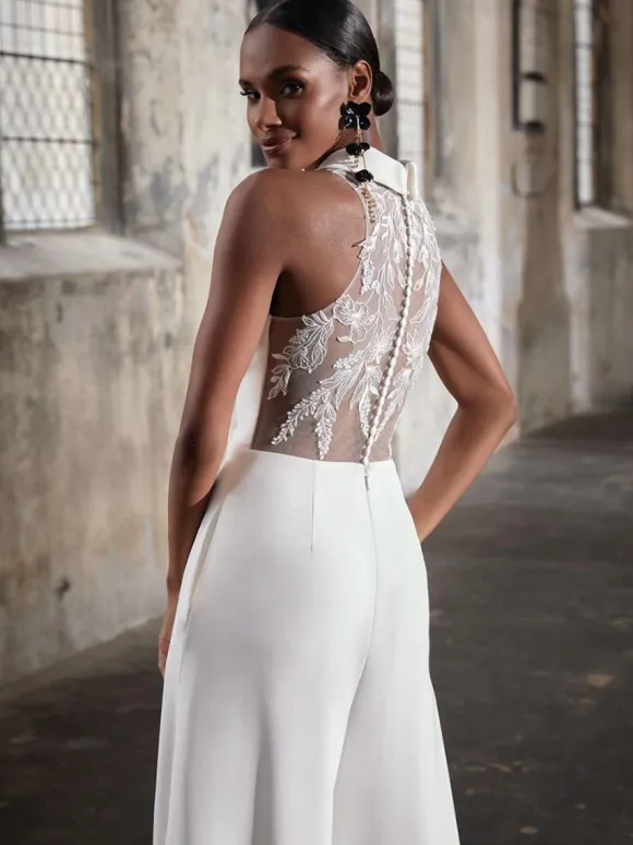 Bridal Jumpsuit Lace Lace Floor-Length Jumpsuit V-Neck Sleeveless Natural Waist Ivory