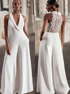 Bridal Jumpsuit Lace Lace Floor-Length Jumpsuit V-Neck Sleeveless Natural Waist Ivory
