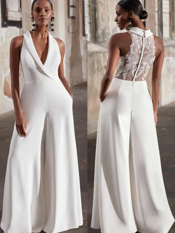 Bridal Jumpsuit Lace Lace Floor-Length Jumpsuit V-Neck Sleeveless Natural Waist Ivory