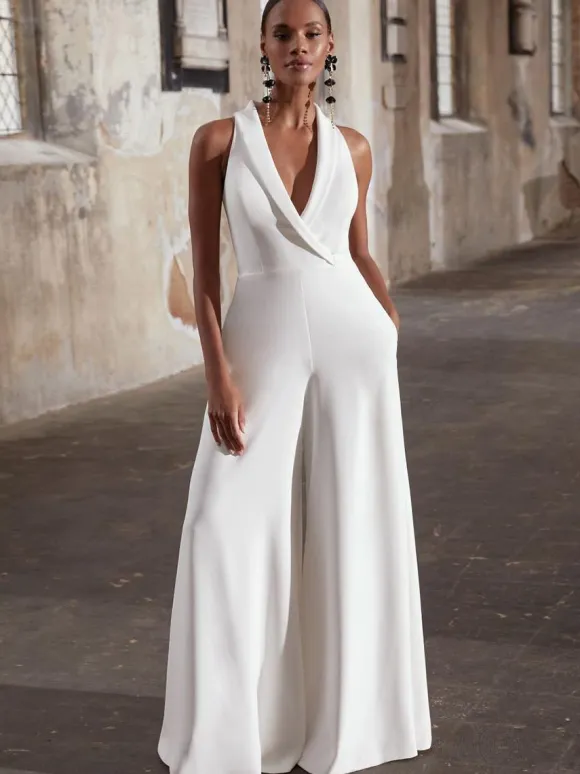 Bridal Jumpsuit Lace Lace Floor-Length Jumpsuit V-Neck Sleeveless Natural Waist Ivory