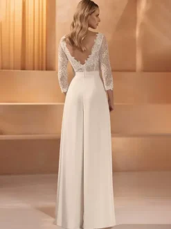Bridal Jumpsuit Lace Lace Floor-Length Jumpsuit V-Neck 3/4 Length Sleeves Natural Waist Ivory