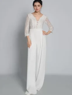Bridal Jumpsuit Lace Lace Floor-Length Jumpsuit V-Neck 3/4 Length Sleeves Natural Waist Ivory