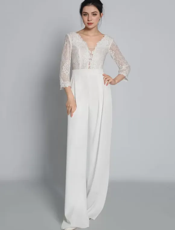 Bridal Jumpsuit Lace Lace Floor-Length Jumpsuit V-Neck 3/4 Length Sleeves Natural Waist Ivory