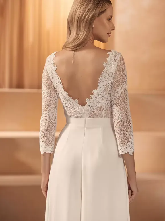 Bridal Jumpsuit Lace Lace Floor-Length Jumpsuit V-Neck 3/4 Length Sleeves Natural Waist Ivory