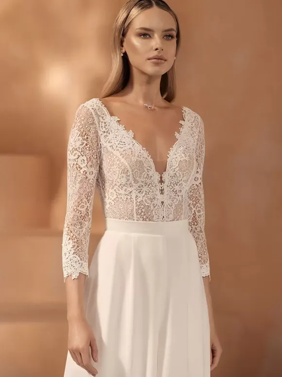 Bridal Jumpsuit Lace Lace Floor-Length Jumpsuit V-Neck 3/4 Length Sleeves Natural Waist Ivory