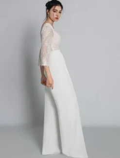 Bridal Jumpsuit Lace Lace Floor-Length Jumpsuit V-Neck 3/4 Length Sleeves Natural Waist Ivory