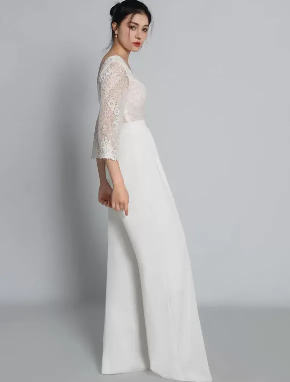 Bridal Jumpsuit Lace Lace Floor-Length Jumpsuit V-Neck 3/4 Length Sleeves Natural Waist Ivory