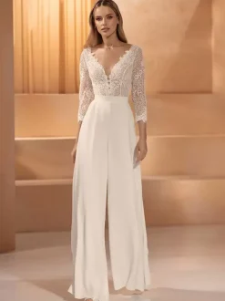 Bridal Jumpsuit Lace Lace Floor-Length Jumpsuit V-Neck 3/4 Length Sleeves Natural Waist Ivory