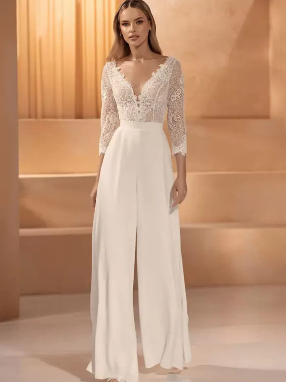 Bridal Jumpsuit Lace Lace Floor-Length Jumpsuit V-Neck 3/4 Length Sleeves Natural Waist Ivory