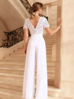 Bridal Jumpsuit Lace Pleated Floor-Length Jumpsuit V-Neck Short Sleeves Natural Waist Ivory