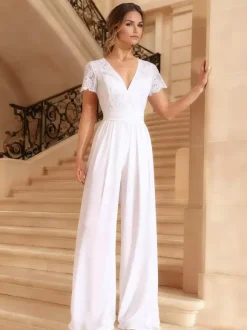 Bridal Jumpsuit Lace Pleated Floor-Length Jumpsuit V-Neck Short Sleeves Natural Waist Ivory