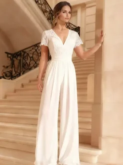 Bridal Jumpsuit Lace Pleated Floor-Length Jumpsuit V-Neck Short Sleeves Natural Waist Ivory