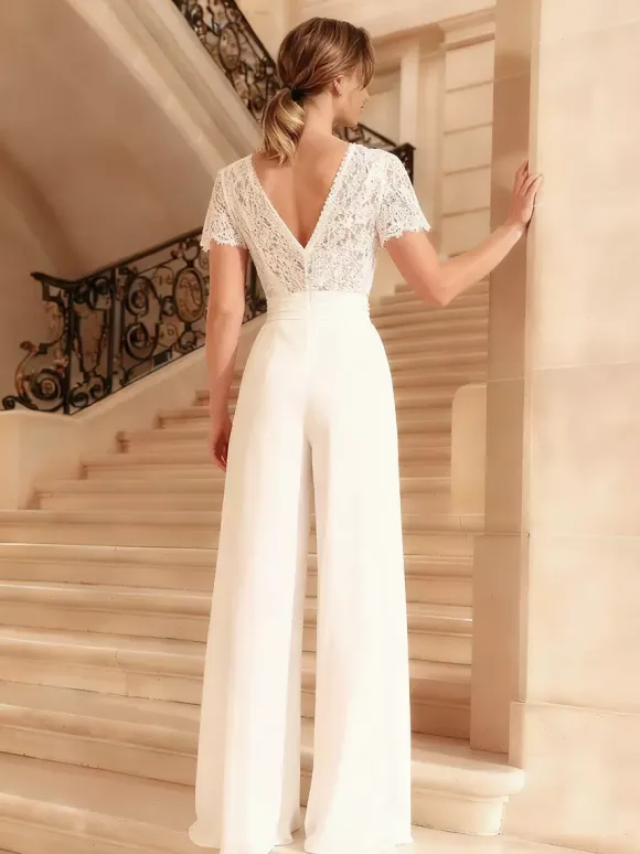 Bridal Jumpsuit Lace Pleated Floor-Length Jumpsuit V-Neck Short Sleeves Natural Waist Ivory