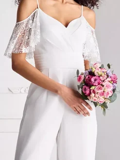 Bridal Jumpsuit Lace Pleated Floor-Length Jumpsuit Sweetheart Neck Half Sleeves Spaghetti Straps Natural Waist White