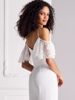 Bridal Jumpsuit Lace Pleated Floor-Length Jumpsuit Sweetheart Neck Half Sleeves Spaghetti Straps Natural Waist White
