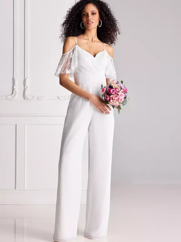 Bridal Jumpsuit Lace Pleated Floor-Length Jumpsuit Sweetheart Neck Half Sleeves Spaghetti Straps Natural Waist White