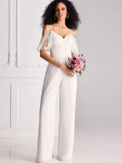Bridal Jumpsuit Lace Pleated Floor-Length Jumpsuit Sweetheart Neck Half Sleeves Spaghetti Straps Natural Waist White
